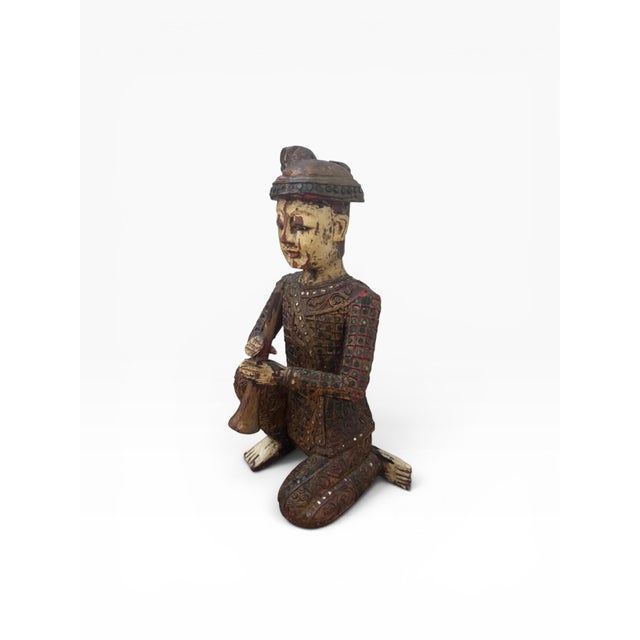 Mid 20th Century Mid 20th Century Hand-Carved Chinese Wooden Figural Sculpture of Seated Musician With Trumpet-Style Instrument For Sale - Image 5 of 17