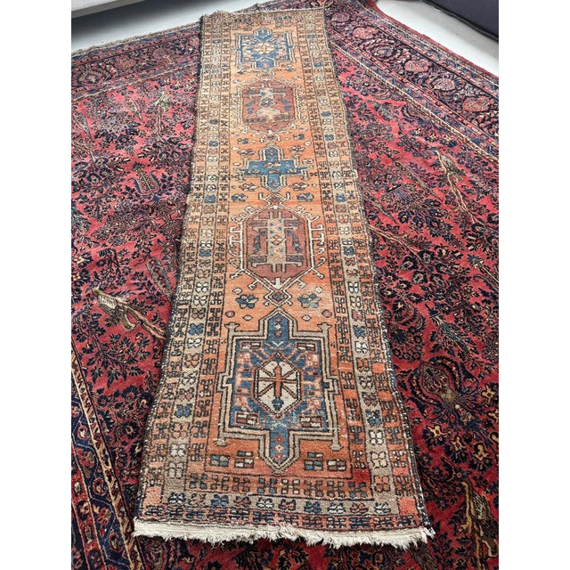 Orange 1930s Tribal Butterflies in the Border DUSTY CANTALOUP & Merlot Hues Rug 2.10 x 10.6 For Sale - Image 8 of 8
