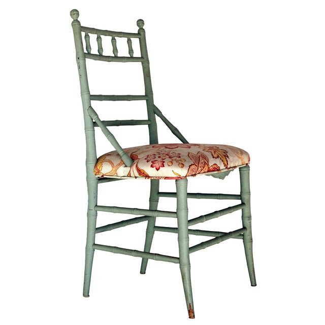 Vintage Pale Blue Bamboo Chair W/ Floral Seat For Sale - Image 4 of 4