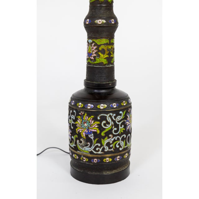 Tall Black Champleve Enamel Bronze Lamp With Polychrome Flower Design For Sale In San Francisco - Image 6 of 11