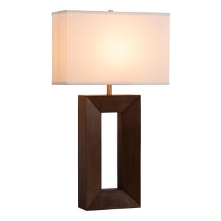 Julie Standing Table Lamp - Dark Walnut Wood Finish, Weathered Brass, White Linen Shade For Sale