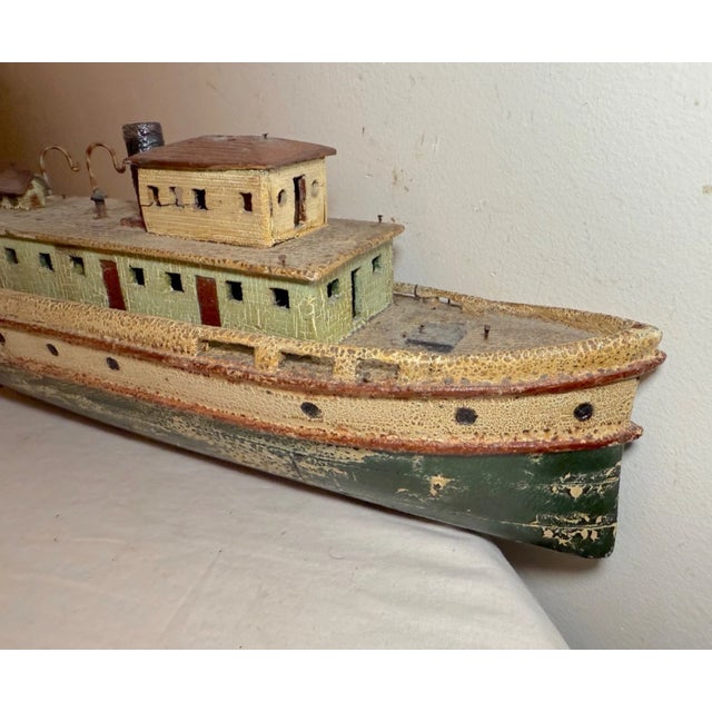 Rare Antique Handmade Carved Wood Folk Art Boat Model Tug Boat Ship Schiff For Sale - Image 12 of 18