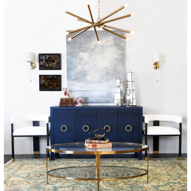 Worlds Away Matthew Izzo Home Rue Navy Blue Linen Four Door Buffet With Brass Circle Door Pulls For Sale - Image 4 of 7