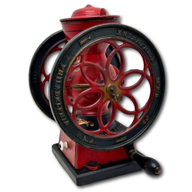 Rare Small 12.75 Inch Tall Antique Enterprise Philladelphia MFG Co. #2 Cast Iron Hand Crank Coffee Grinder in Excellent Original Paint. For Sale In Boston - Image 6 of 18