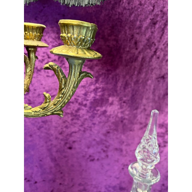 Metal Mid 20th Century Hollywood Regency Crystal & Brass Four‑Arm Candelabra Lamps With Black Fringe Shades — A Dramatic Pair For Sale - Image 7 of 12