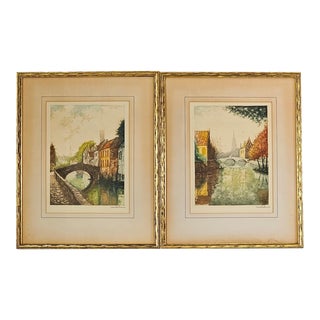 Pair of Euro Bridge Art Prints Germany Signed For Sale