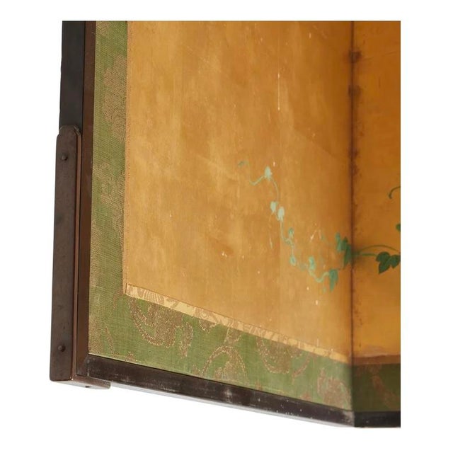 Japanese Screen Byobu Gilt Gold Poems Pair Set of Two Framed Bamboo Fence Morning Glory Flowers For Sale - Image 11 of 17