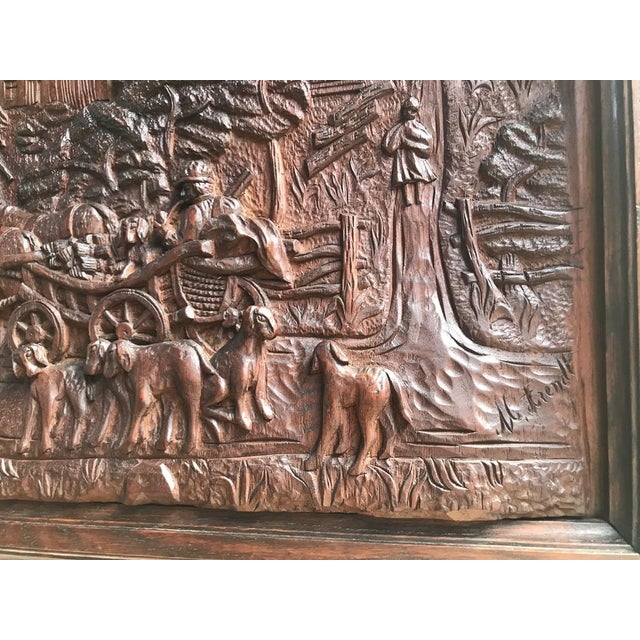 Brown Bas-Reliefs Scenes in a Wooden Frame Signed by M. Arendt, 1940s, Set of 2 For Sale - Image 8 of 18