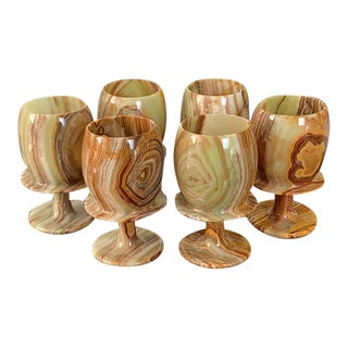 Vintage Hand-Carved Onyx Stone Goblets — Mid-Century Style, Set of 6 For Sale