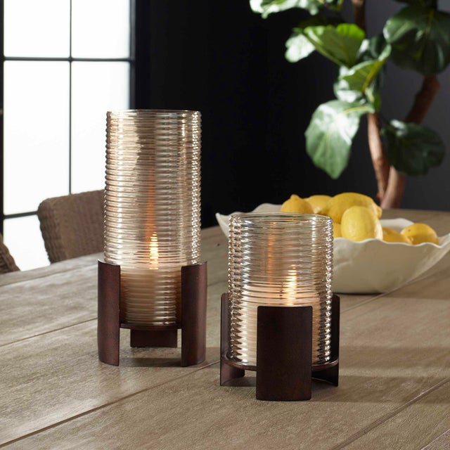This Elegant Pair Of Candleholders Feature Removable Ribbed Glass Cylinders That Sit Within A Striking Dark Bronze Cast...