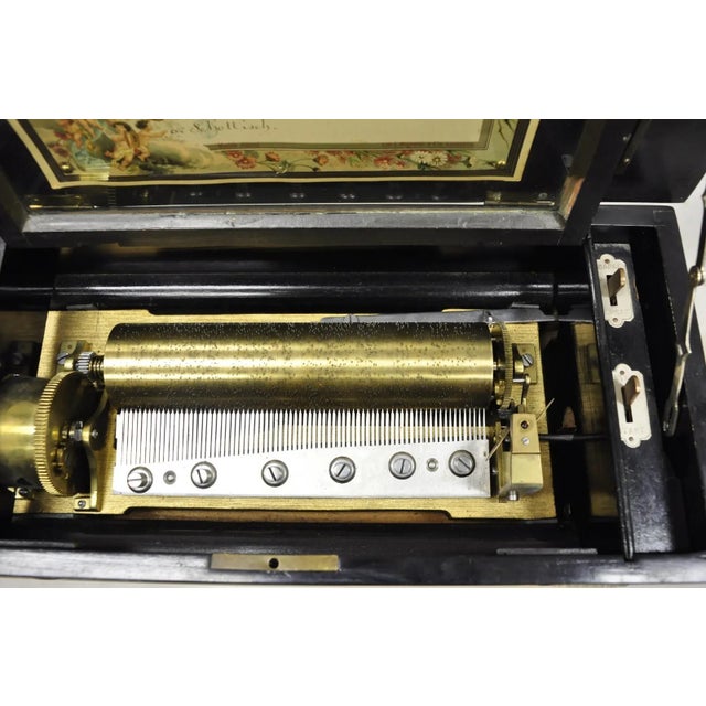 Brown 19th Century Antique Swiss Cylinder Roll Music Box 6 Tune Airs With Inlaid Case For Sale - Image 8 of 11