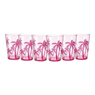High-End Designer Pink Palm Tree Tumblers - Set of 6 For Sale