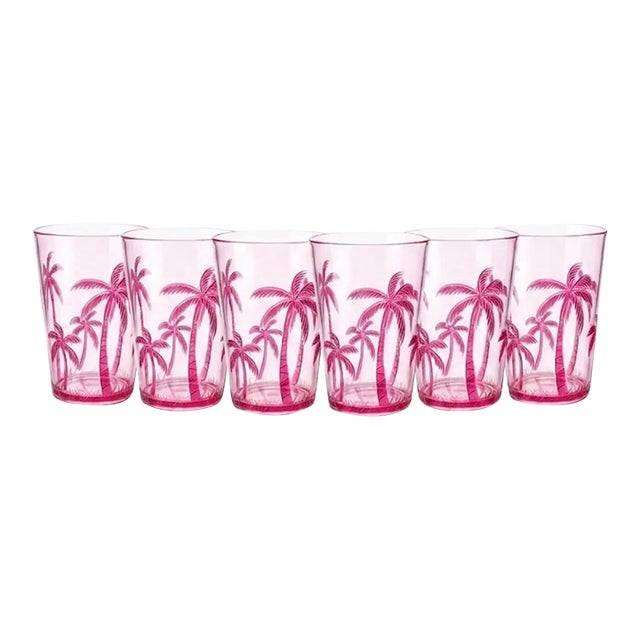High-End Designer Pink Palm Tree Tumblers - Set of 6 For Sale