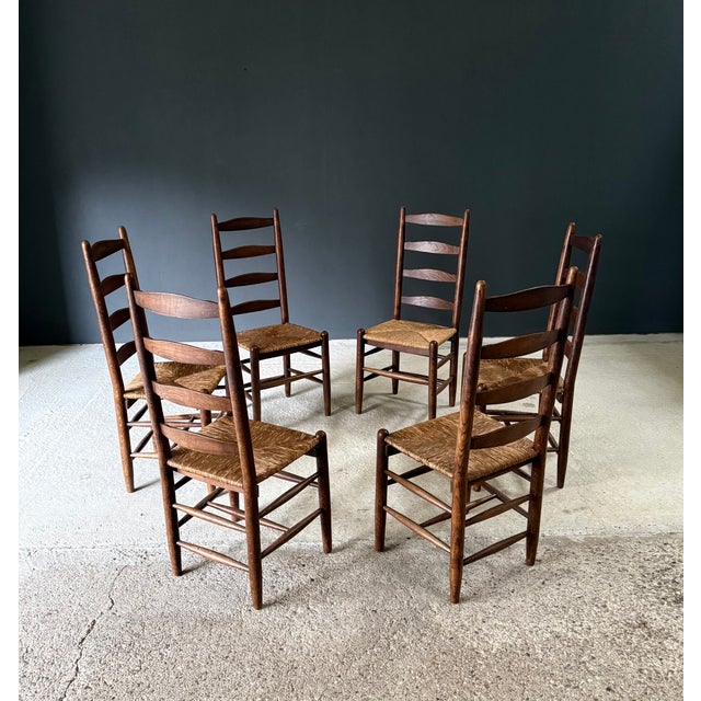 Wood Rustic High Ladder Back Oak and Rush Dining Chairs, Belgium, 1950s, Set of 6 For Sale - Image 7 of 18
