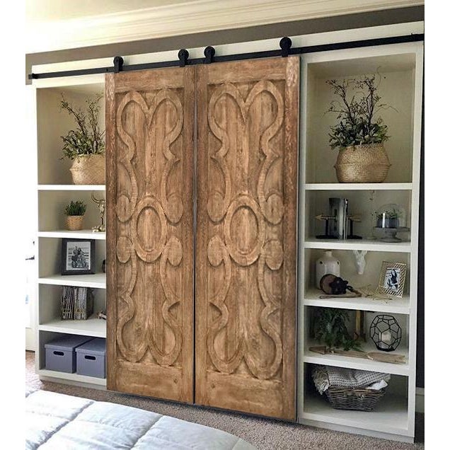 Rustic Hand-Carved Solid Wood Barn Door – Classical Scroll Pattern For Sale - Image 6 of 8