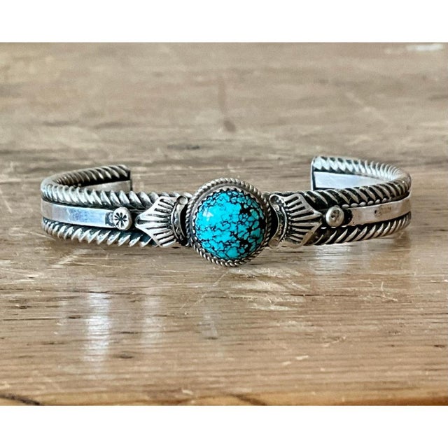 Metal Vintage Navajo Turquoise Sterling Silver Cuff For Sale - Image 7 of 12