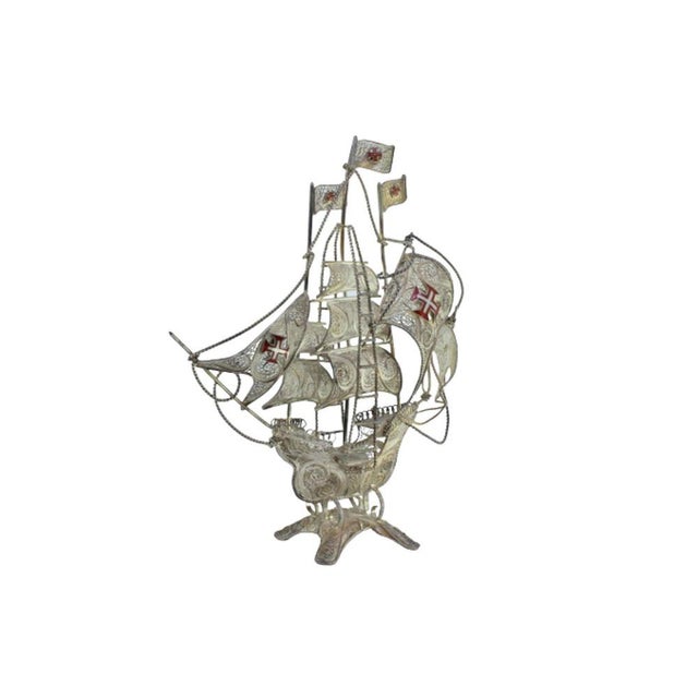 Silver Filigree Caravel with Enamelled Sails Crosses and Feet For Sale - Image 9 of 9