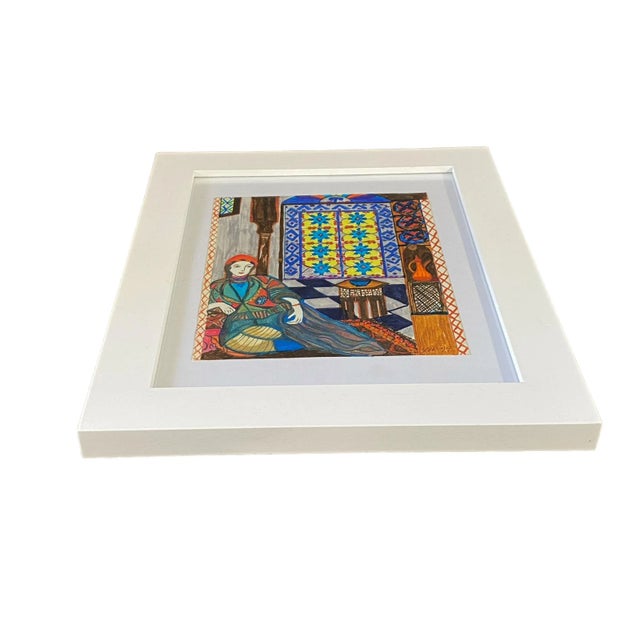 Figurative Mix Media Orientalist Painting on Paper Framed 12" by 10" For Sale - Image 3 of 5