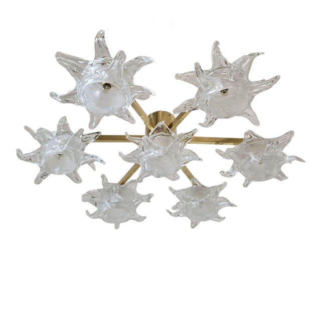 Mid century modern brass and Murano glass chandelier or flush mount, Italy 1990s. In the style of Vistosi. The seven large...