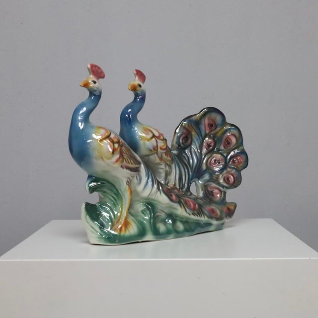 Italian Hand-Painted Ceramic Sculpture with Two Peacocks, 1960s For Sale - Image 3 of 9
