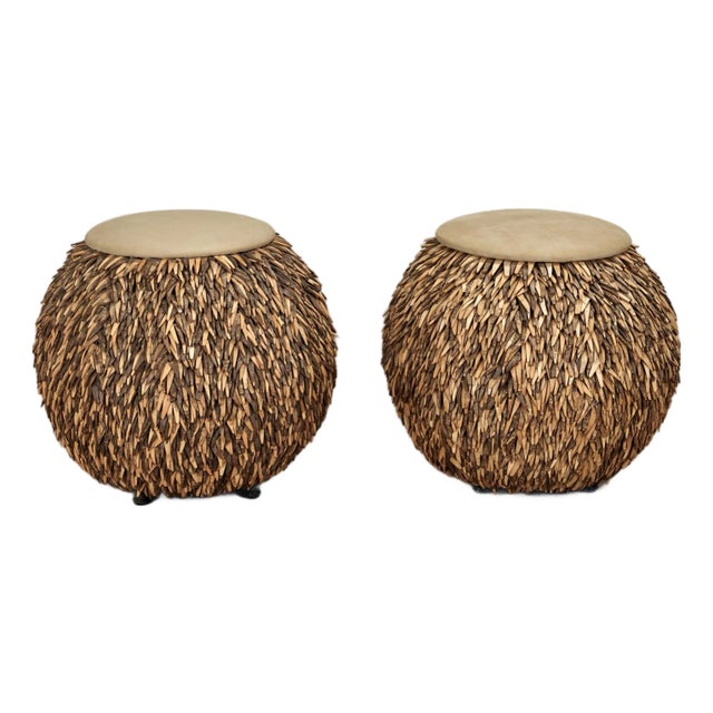 Pair of Vintage Palecek Leather and Suede Ottomans For Sale
