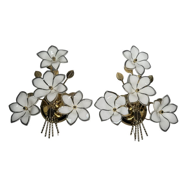 Hollywood Regency Glass Floral Wall Sconces from Gealux, 1970s, Set of 2 For Sale
