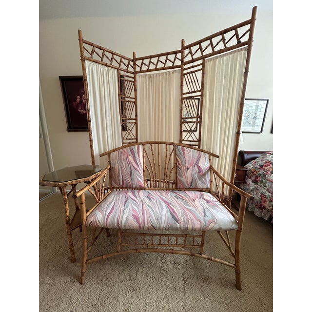 Rustic Ratan Bamboo Set Purchased in 1986 Loveseat, Three Fold Screen, Octagon Tiered Side Table For Sale - Image 3 of 3