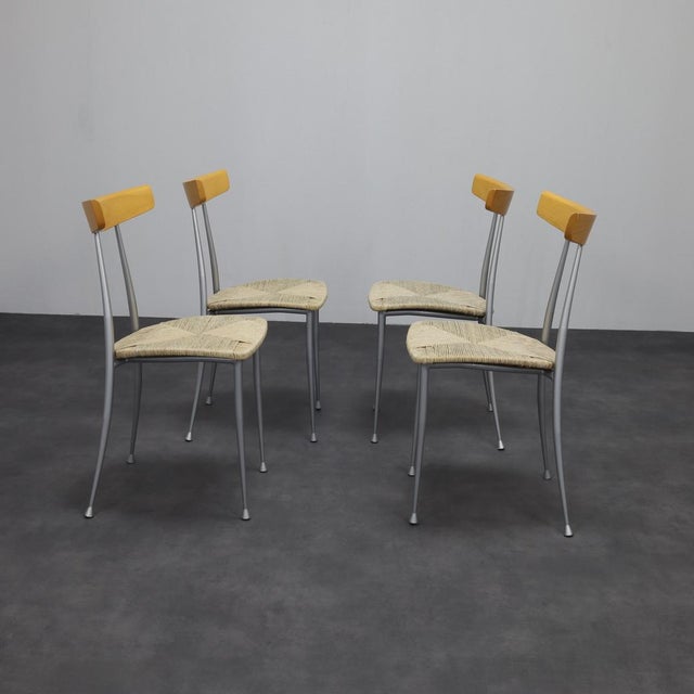 Beige Postmodern Dining Chairs in Metal and Wood with Rattan Seats, 1990s, Set of 4 For Sale - Image 8 of 9