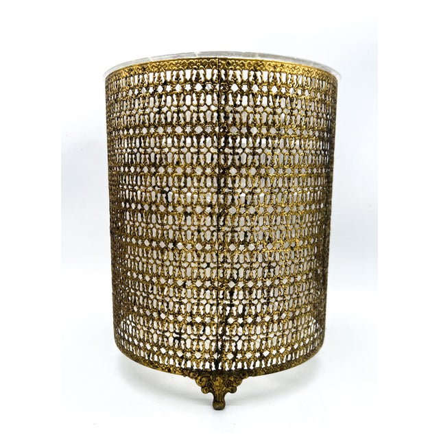 Vintage Hollywood Regency Pierced Gilt Metal Wastebasket With Clear Liner For Sale - Image 10 of 12