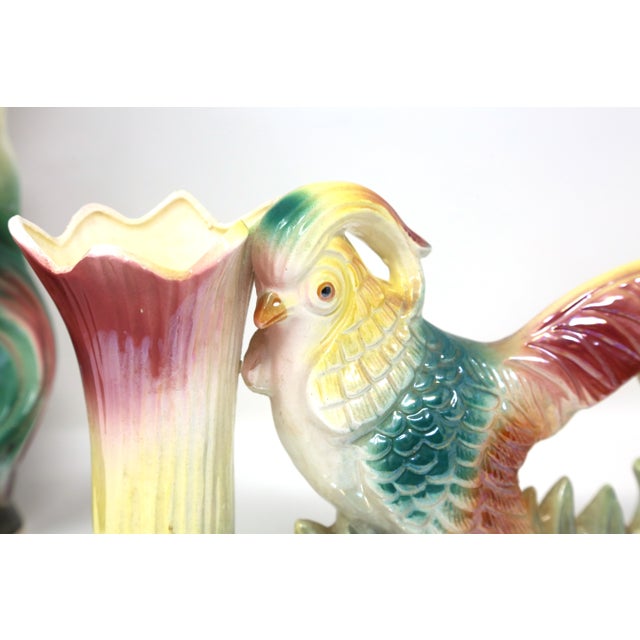 1950s Vintage Mid-Century Iridescent Pheasant Ceramic Vases — Matched Pair For Sale - Image 5 of 11
