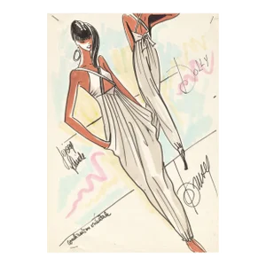 1980's Rare Original French Fashion Drawing Summer Beach Cruise Wear