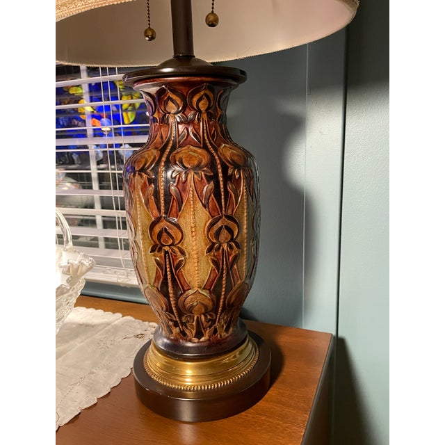 Designer Frederick Cooper Art Nouveau Style Ceramic Table Lamp With Original Woven Shade For Sale In Philadelphia - Image 6 of 18