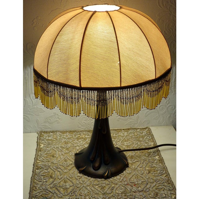 Antique Bronze Beaded Fabric Shade Table Lamp, 1920s For Sale - Image 9 of 10
