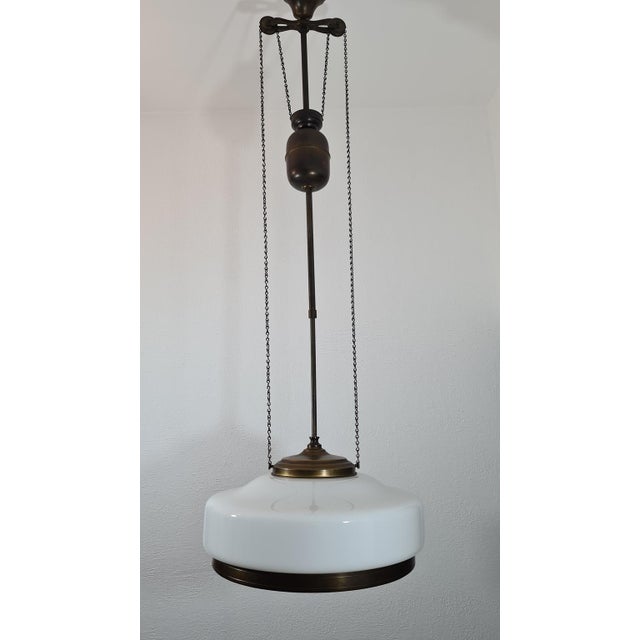 Art Deco Adjustable Pendant Lamp in Brass and Opal Glass, 1930s-1940s For Sale - Image 10 of 14