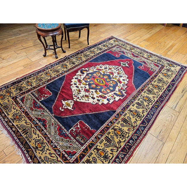 Vintage Turkish Oushak Area Rug, Hand-Knotted Geometric, Navy & Red, 6' x 9' For Sale In Chicago - Image 6 of 17