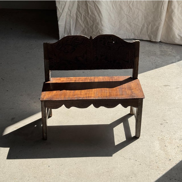 Mini Bench with Carved Backrest, 1980s For Sale - Image 13 of 18