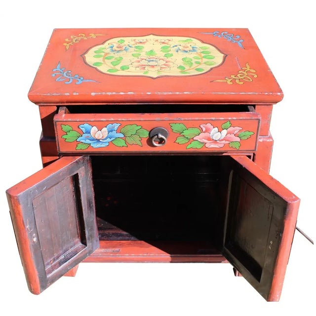 Chinese Oriental Distressed Orange Red Flower End Table Nightstand For Sale - Image 4 of 7