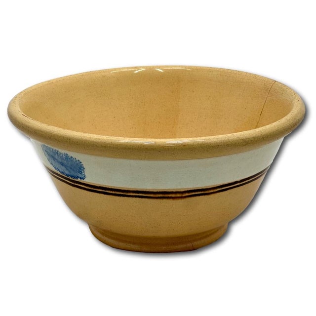 Mid 19th Century Nice Antique English Blue Seaweed Decorated & Banded Yellow Ware Kitchen Mixing Bowl - Circa Mid 19th Century For Sale - Image 5 of 18