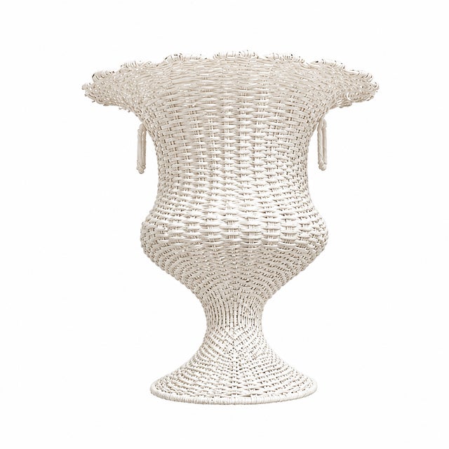 Traditional White Round Scalloped Wicker Urn For Sale - Image 3 of 3