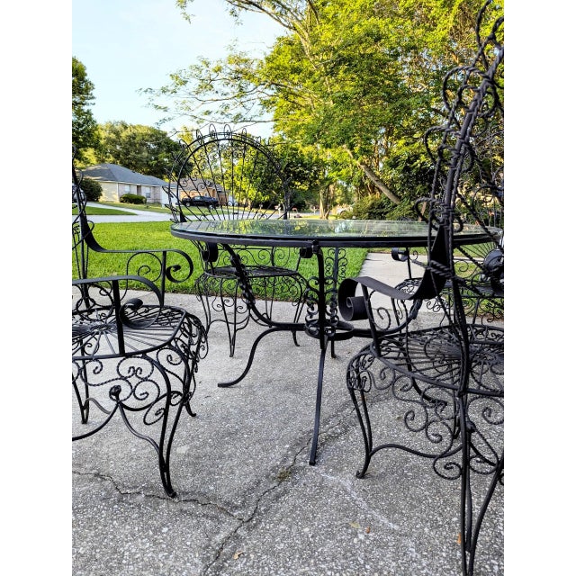 Metal Salterini Patio Set Wrought Iron Table Peacock 4 Chairs Mid 20th C. For Sale - Image 7 of 11