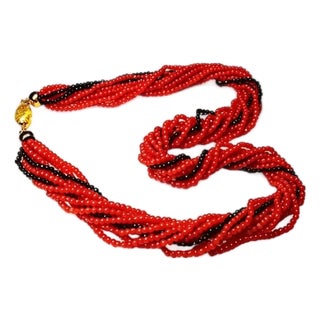 Late 20th Century 18K Yellow Gold Clasp Onyx Red Undyed Coral Strand Necklace For Sale