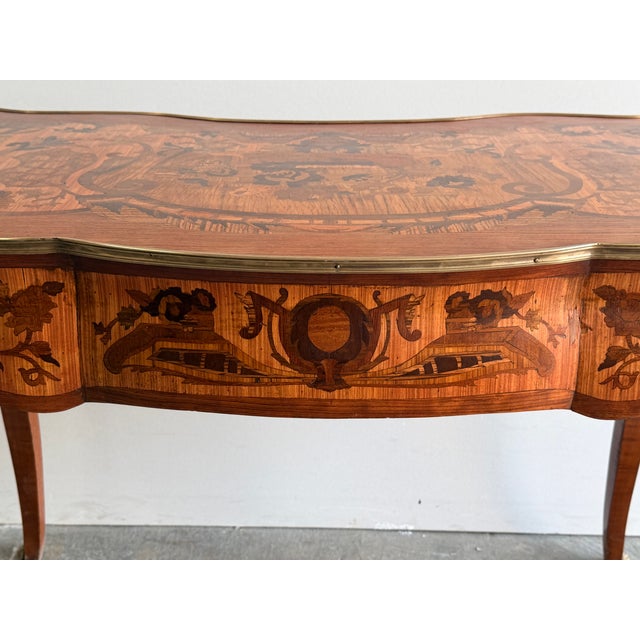 Wood 1940s Louis XV Style Inlaid Writing Desk With Ormolu Mounts & Marquetry Top For Sale - Image 7 of 15