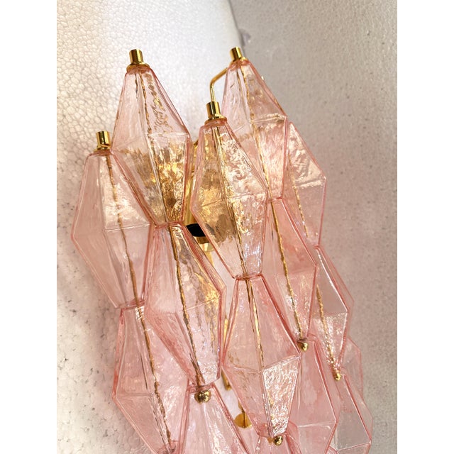 Mid-Century Modern Set of Two Contemporary Pink “Poliedri” Murano Glass Gold 24k Wall Sconces For Sale - Image 3 of 8