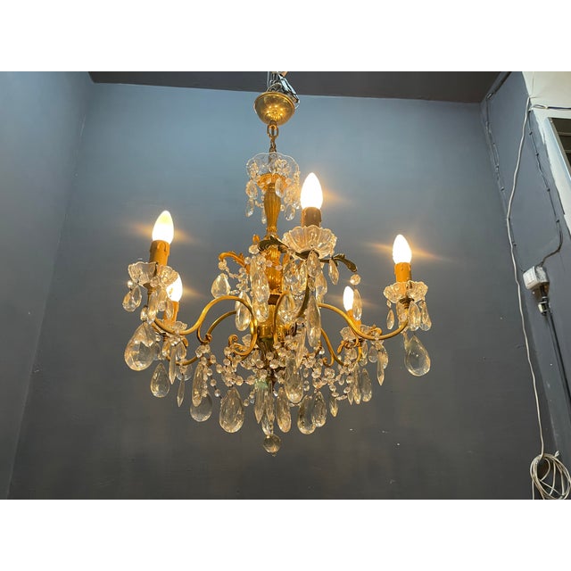 Italian Brass Crystal Chandelier, 1950s For Sale - Image 13 of 16