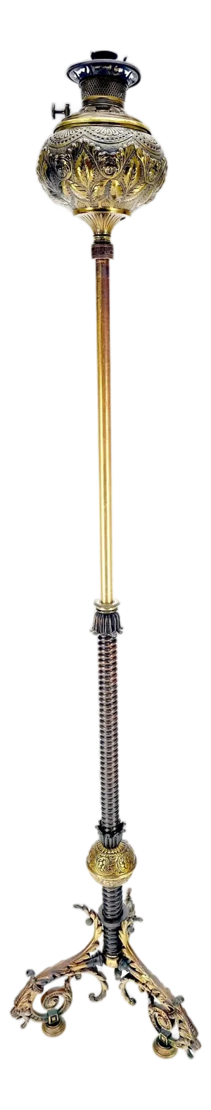 19th Century Cast Polished Brass Tripod Base Adjustable Height Oil Floor Lamp