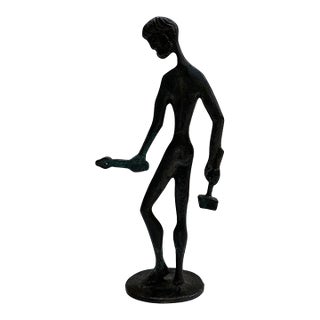 Vintage Modernist Bronze Figure Holding Hammer Sculpture For Sale