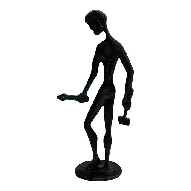 Vintage Modernist Bronze Figure Holding Hammer Sculpture For Sale