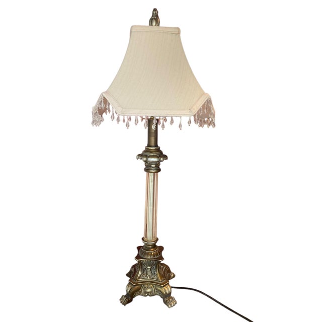 Regency Style Table Lamps with Neoclassical Bases, Paw Feet and Cream Fabric Shades with Beaded Fringe, 1980, Set of 2, in...