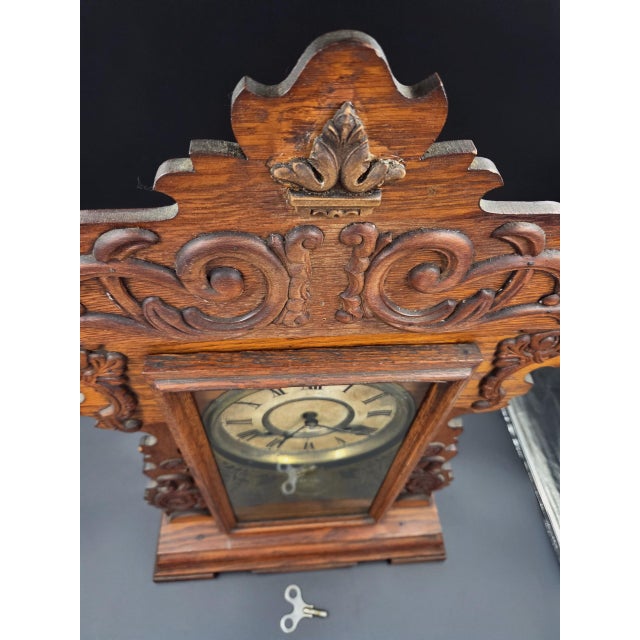 Antique New Haven "Maine Line" 8-Day Striking Stenciled Glass & Wood Case Mantel Clock For Sale - Image 14 of 18