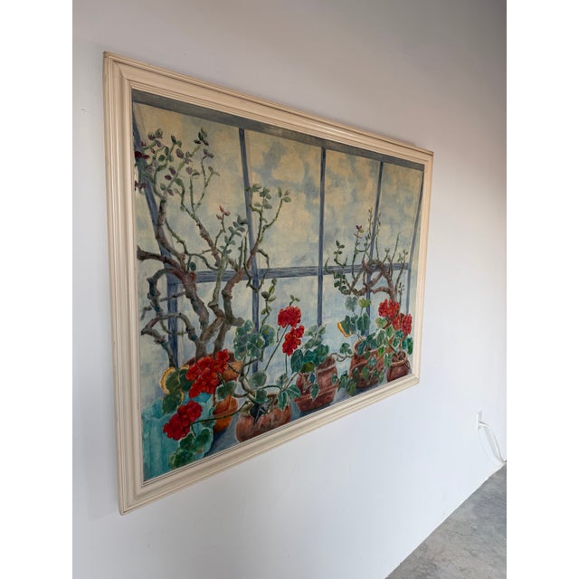 Mid-Century Modern Large 1985 Toni Dalton Botanical Geraniums & Window Oil on Canvas Painting, Framed For Sale - Image 3 of 12